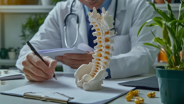 Medical Professional Using Spine Skeleton Model to Explain Anatomy and Health in a Clinical Setting