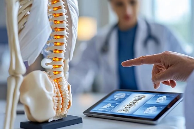 Photo medical professional using spine skeleton model to explain anatomy and health in a clinical setting