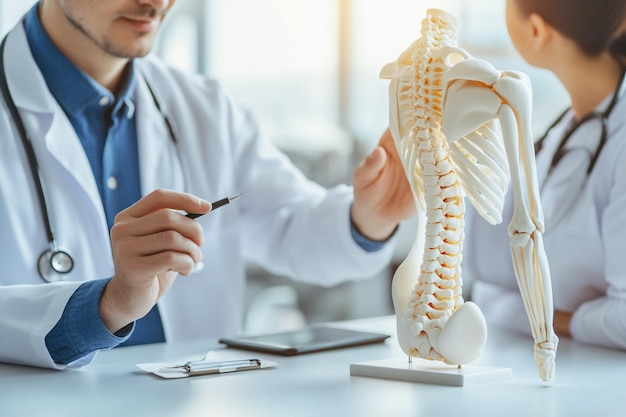 Medical Professional Using Spine Skeleton Model to Explain Anatomy and Health in a Clinical Setting