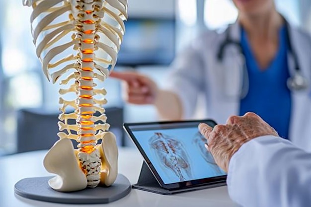 Photo medical professional using spine skeleton model to explain anatomy and health in a clinical setting