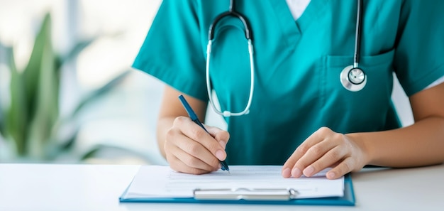 Medical professional writing notes with stethoscope nearby focused on patient care