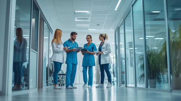 Photo medical professionals collaborate in a modern healthcare facility corridor during a busy day of patient care and teamwork