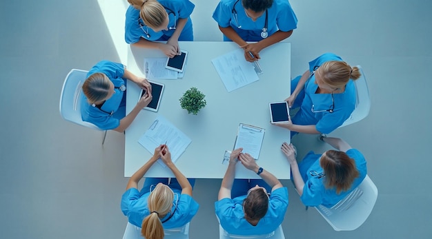 Photo medical professionals collaborating around a table analyzing data and report in a modern healthcare