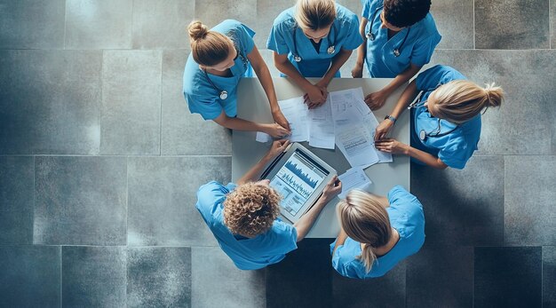 Photo medical professionals collaborating around a table analyzing data and report in a modern healthcare