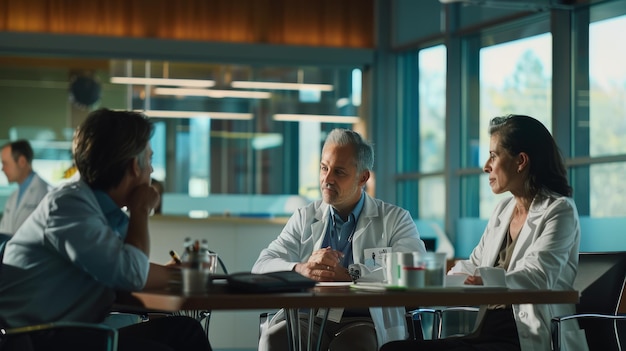 Photo medical professionals gather in hospital lobby to discuss patient treatment and research