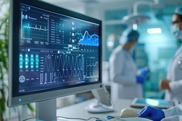 Medical professionals in a modern lab analyzing patient data on computer screens