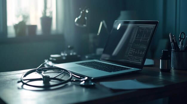 Photo a medical professionals workspace featuring a laptop and stethoscope in soft evening light