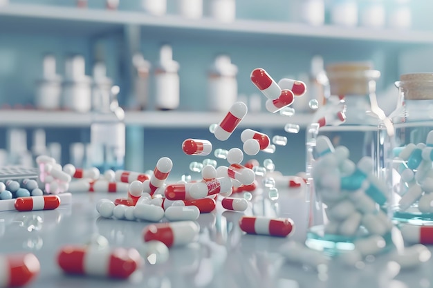 Medical Progress Pills Capsules Falling on Laboratory Table Amid Medical Supplies