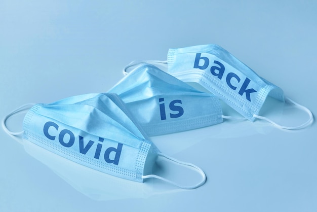 Medical protective mask with the lettering Covid is back