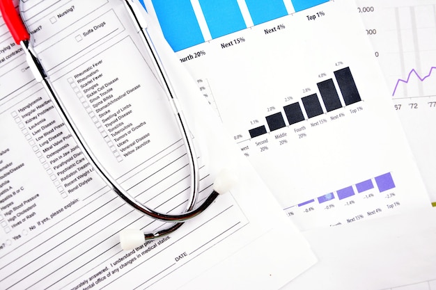 Photo medical report with shethoscope medical and healhcare concept