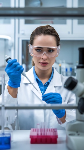 Photo medical research laboratory portrait of a beautiful female scientist in goggles using micro pipett