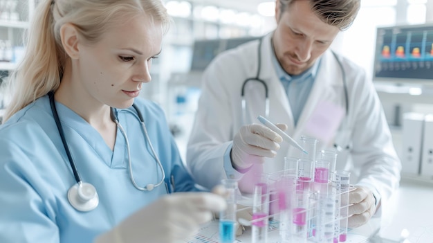 Photo medical researchers in lab examining test tubes