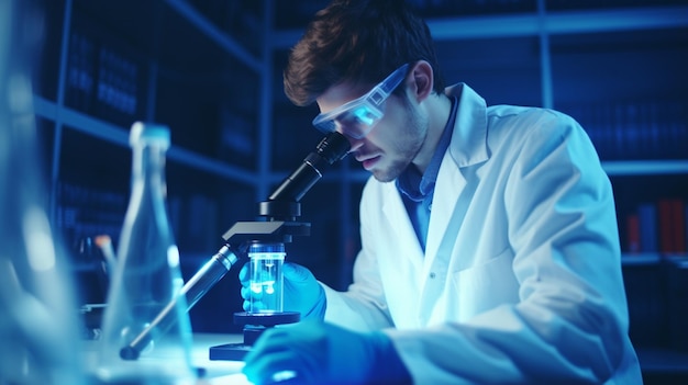 Medical Science Laboratory Portrait of Handsome man male Scientist Looking Under Microscope