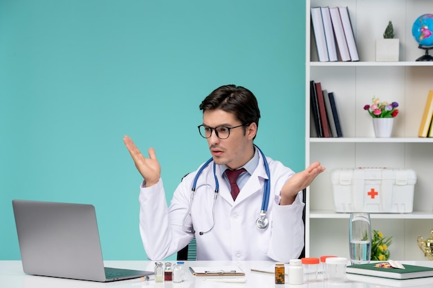 Medical serious cute smart doctor in lab coat working remotely on computer