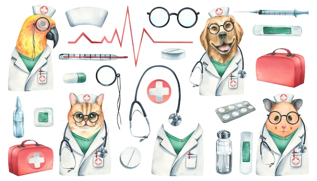 Photo medical set with animal doctors cat dog parrot and hamster watercolor illustration isolated objects from the veterinary collection for the design and design of clinics hospitals pharmacies