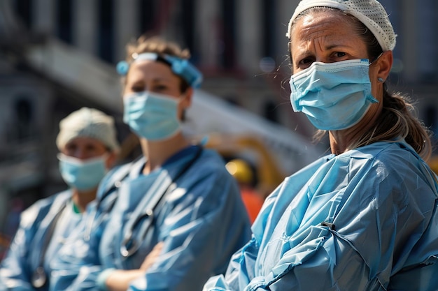 Photo medical staff in blue uniforms and masks standing with determina