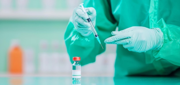 Medical staff preparing vaccine with syringe and vial in clinical setting