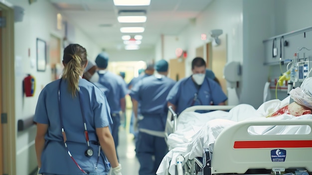 Medical staff in scrubs walk down a hospital hallway with a patient on a gurney