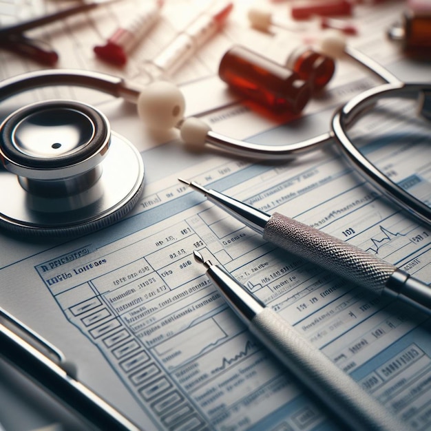 a medical stethoscope is on a table with other medical supplies