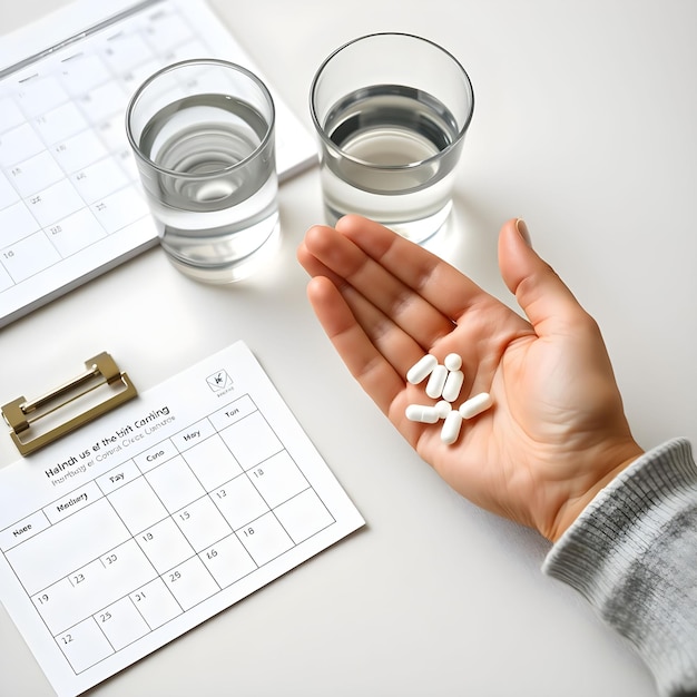 Photo medical still life with pills in hand water glasses and hair loss care calendar on clean surface