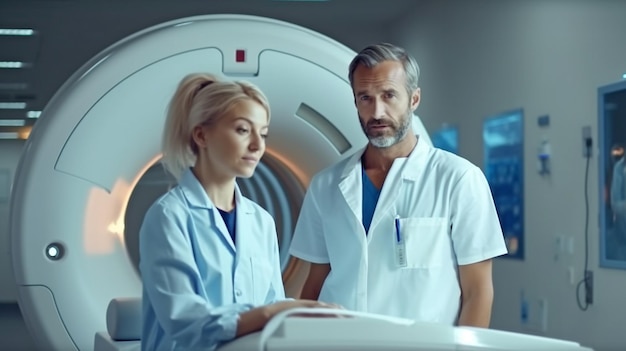 Medical supplies In the computed tomography room of the hospital a doctor and patient Using a CT scanner and Generative AI a young female doctor examines a man