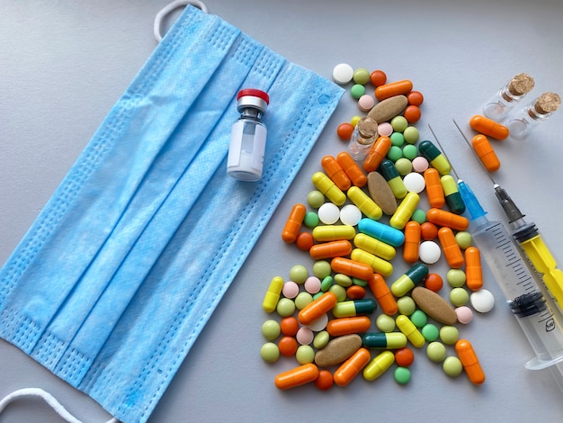 Medical supplies on a white background, pandemic. Selective focus