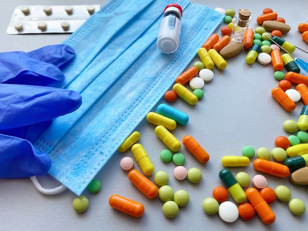 Medical supplies on a white background, pandemic. Selective focus