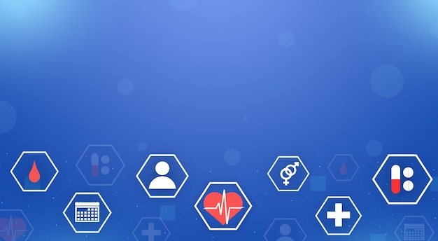 Medical symbols in hexagonal frame on technology blue background 3d