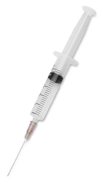 Medical syringe close-up isolated on a white background.