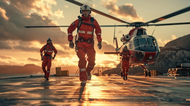 medical team on board an oil and gas with helicopter