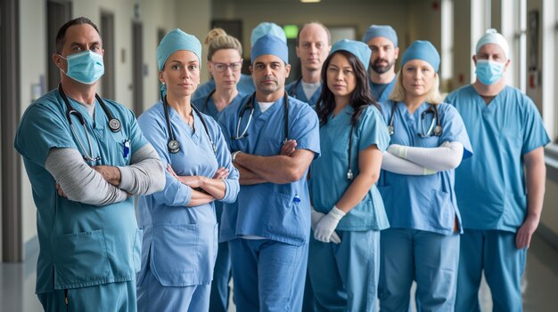 Photo medical team standing in hospital hallway arms crossed