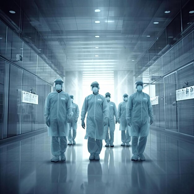 Medical team with blank banner in hospital hallway