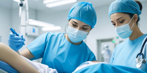 Medical team with male and female doctor as professional surgeons and assistants wear face mask