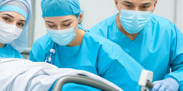 Medical team with male and female doctor as professional surgeons and assistants wear face mask