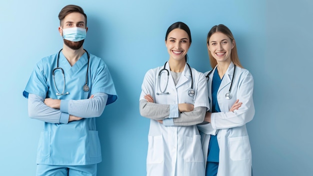 a medical team with a mask and a man in blue uniform with his arms crossed