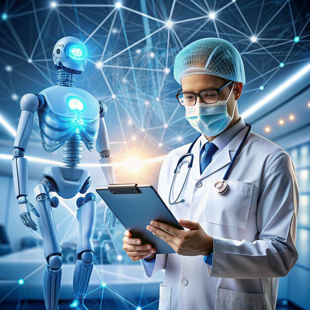 Photo medical technology ai innovation and healthcare digital surgeon doctor analysis and diagnose checking brain testing result with robotic network on modern interface