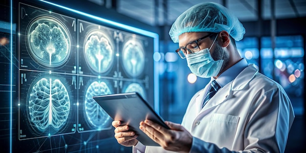 Medical technology AI Innovation and healthcare digital Surgeon doctor analysis and Diagnose checking brain testing result with robotic network on modern interface