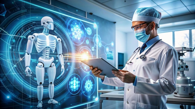 Photo medical technology ai innovation and healthcare digital surgeon doctor analysis and diagnose checking brain testing result with robotic network on modern interface