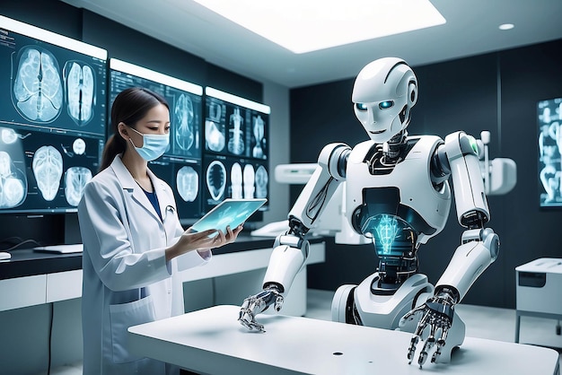 Medical technology doctor use AI robots for diagnosis care and increasing accuracy patient treatment in future Medical research and development innovation technology to improve patient health