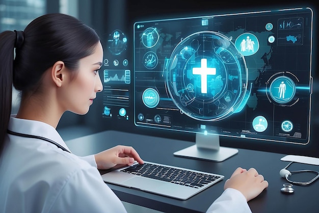 Medical technology and futuristic conceptDigital healthcare and network on modern virtual screenHealth Check with digital system support for patient with medical icon at hospitalGlobal health care