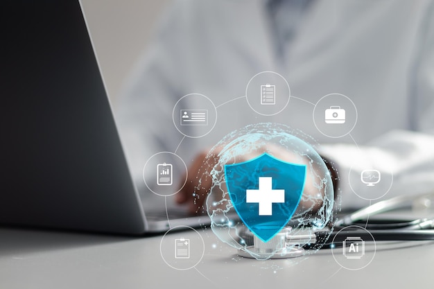 Photo medical technology network concept doctor using laptop with virtual medical network connection icons for connecting medical network technology digital health care and medical technology