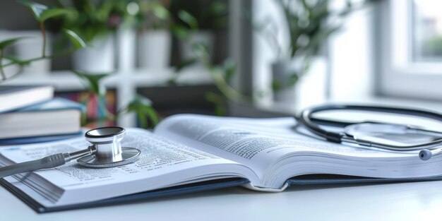 Medical textbook and stethoscope on desk education in healthcare