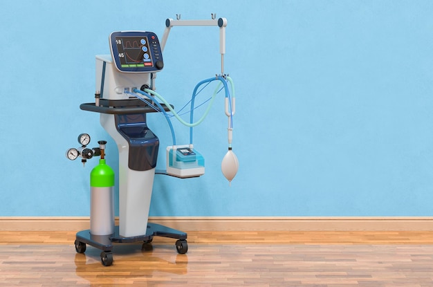 Medical ventilator in room near wall 3D rendering