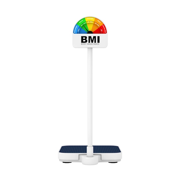 Medical Weight Control Floor Scale with BMI or Body Mass Index Scale Meter Dial Gage on a white background. 3d Rendering