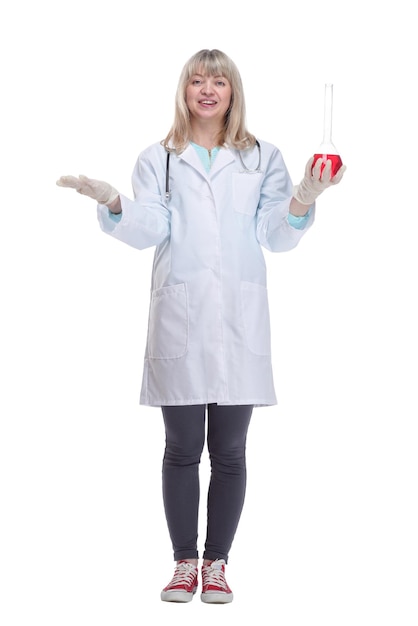 Medical woman with a laboratory flask isolated on a white background