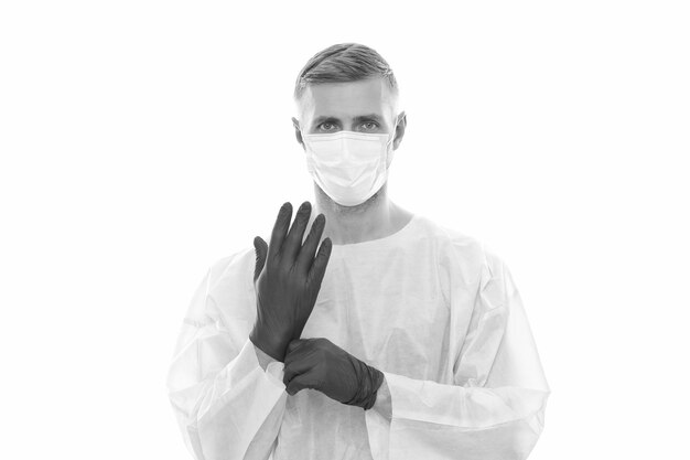 Medical worker man in protective costume isolated on white keep safe of covid19 sars virus pandemic coronavirus