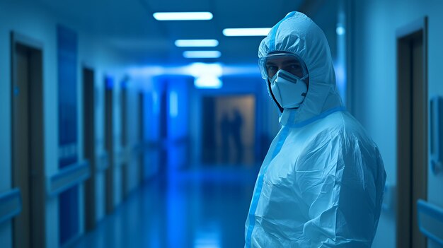 Photo a medical worker in a protective suit stands in a hospital hallway looking toward the camera