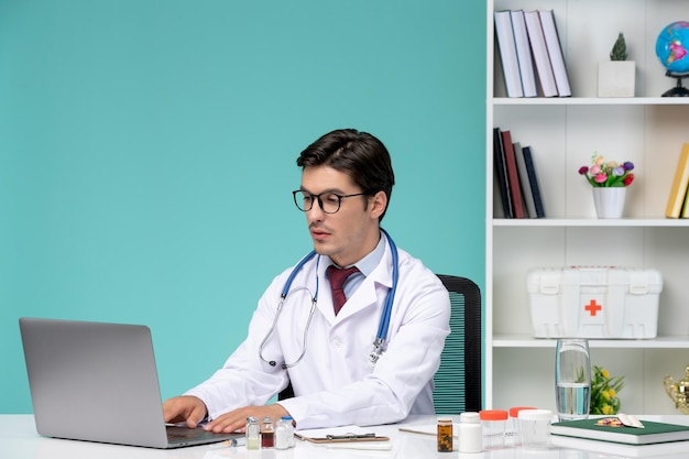 Medical young smart doctor in lab coat working remotely on computer curing patient