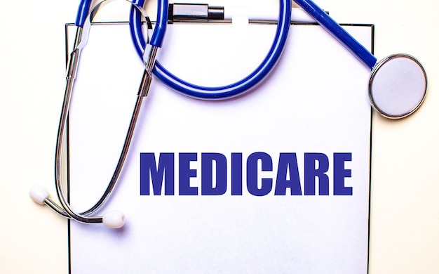 MEDICARE is written on a white sheet near the stethoscope. Medical concept