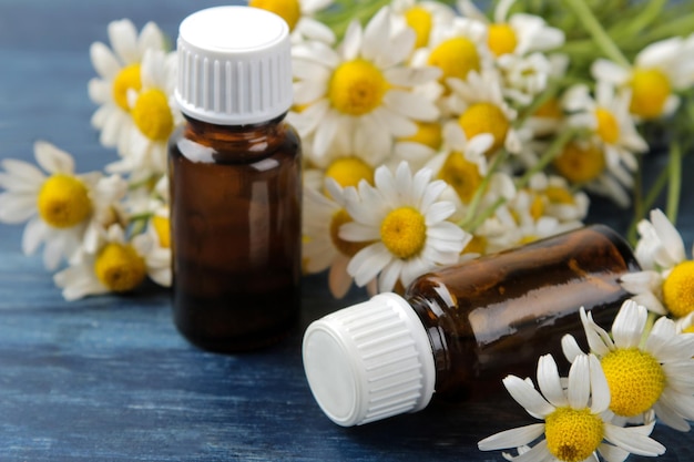 Medicinal chamomile and chamomile extract in a bottle oil from chamomile flowers aromatherapy a drug on a blue wooden table closeup